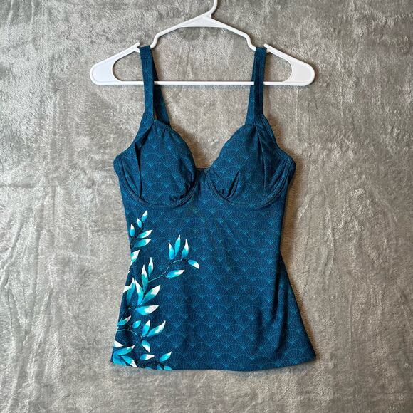 Title Nine Sz 32D Bodacious‎ Tankini Swim Top Turquoise Floral Detail Blue New - Picture 1 of 5